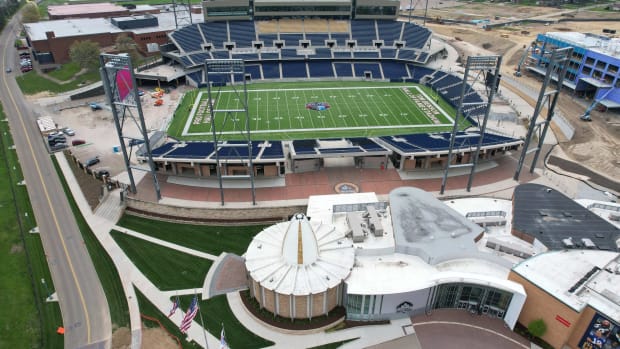Apr 28, 2021; Canton, Ohio, USA; A general aerial view of the Pro Football Hall of Fame and Tom Benson Hall of Fame Stadium (formerly Fawcett Stadium). Mandatory Credit: Kirby Lee-USA TODAY Sports